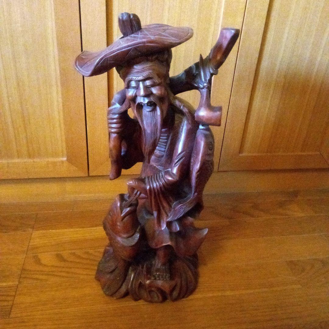 アンティーク木製老人像 大きな帽子と杖付き