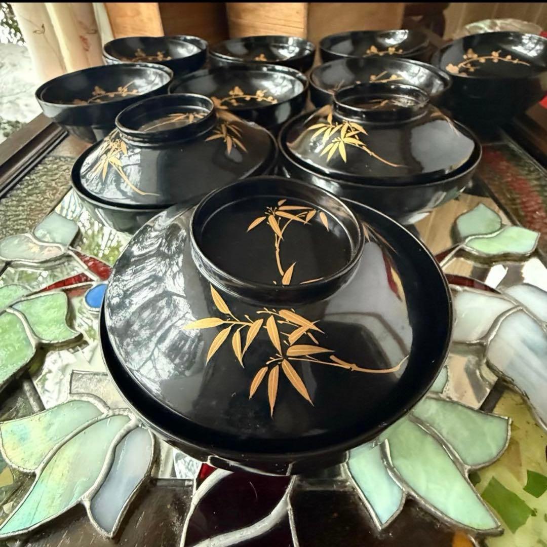 2234様感謝‼️かろやかJAPAN時代蒔絵 豪華四君子富士山形吸物椀　春蘭7客