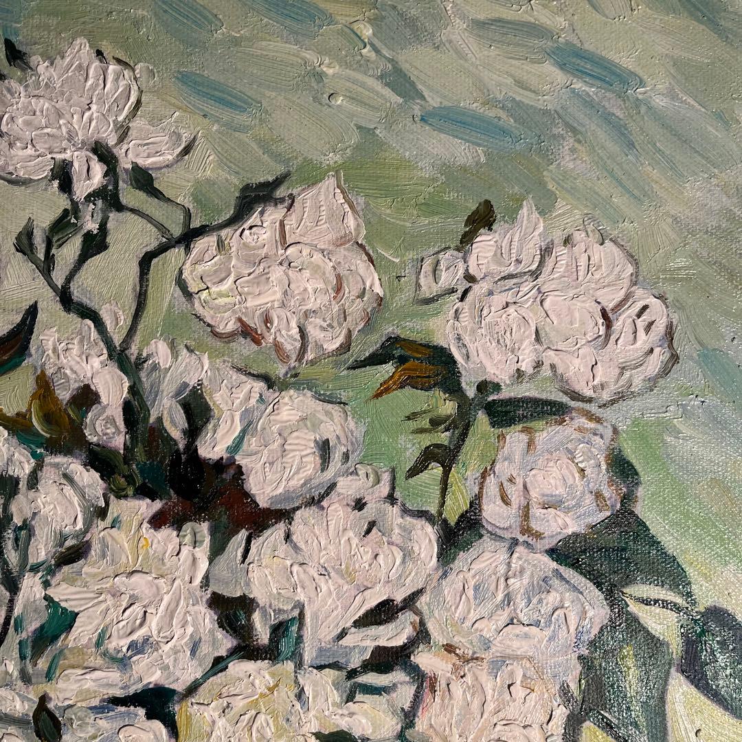 ★秀作★ 手書き油絵 ゴッホ 花瓶のバラ 額付 肉筆絵画 インテリア 油彩画