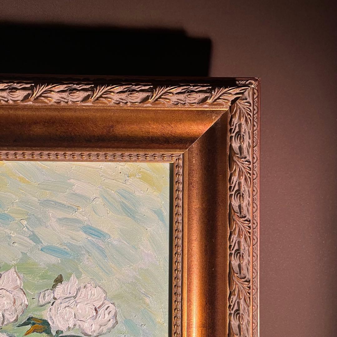 ★秀作★ 手書き油絵 ゴッホ 花瓶のバラ 額付 肉筆絵画 インテリア 油彩画