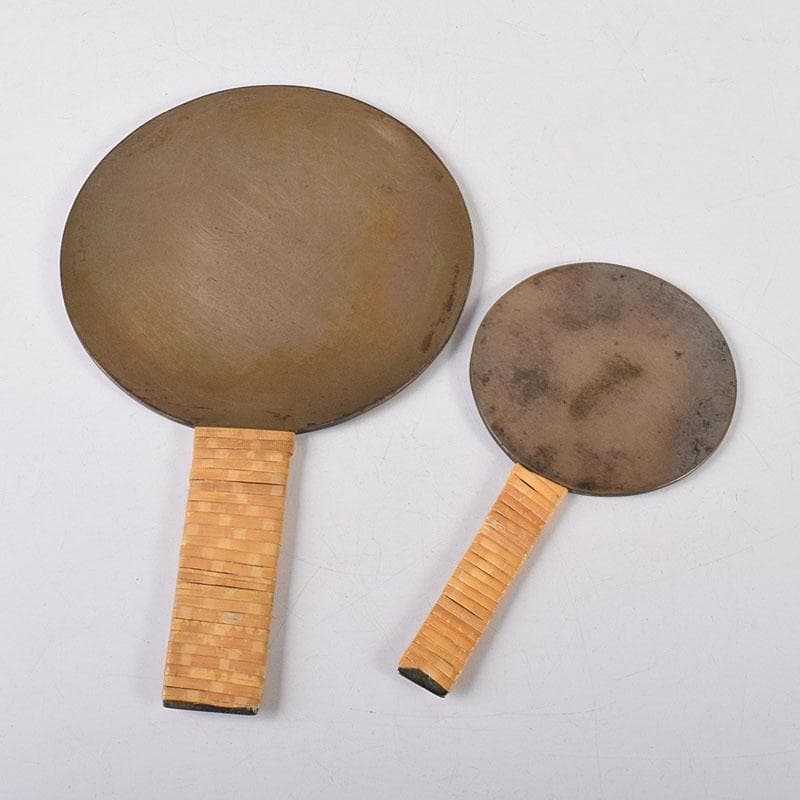 古銅青銅　藤原吉重造　竹虎図　藤原定次造　花図　銅鏡　柄鏡　2点　V　R8011