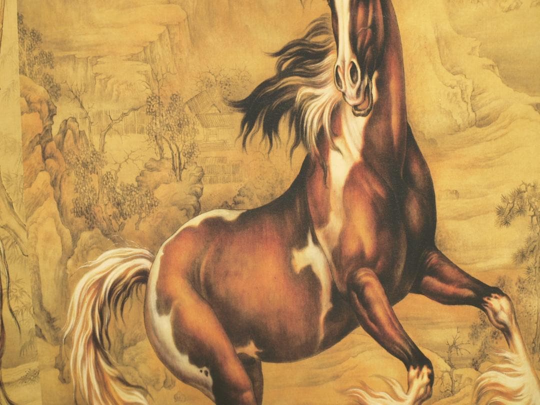 中国古美術 清時代　乾隆八駿図　人物掛け軸　激安骨董品　捲りBD682A13-2