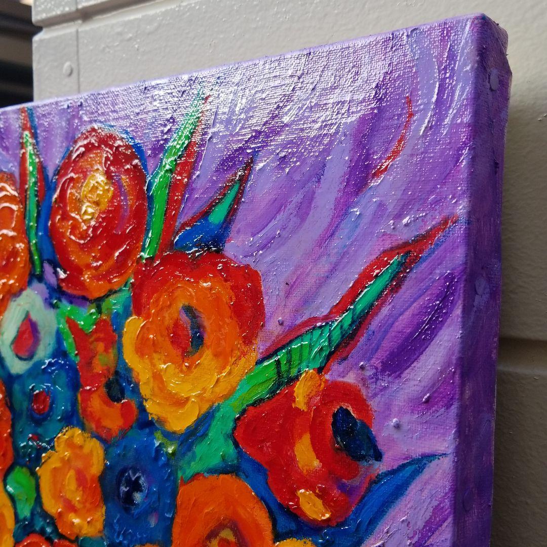 油絵　専用　赤いテーブルに置いた花瓶のお花　 抽象画