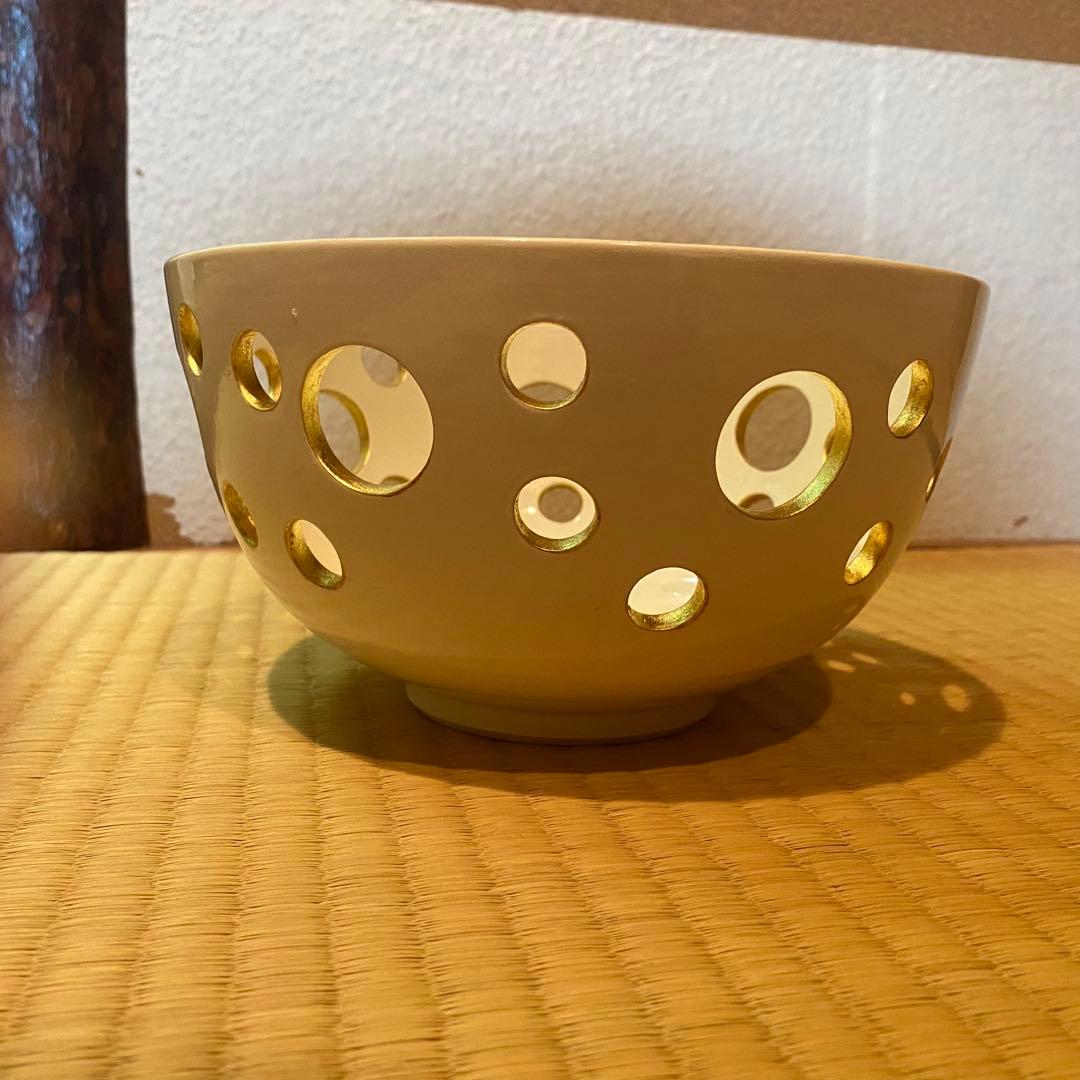 中村翠嵐　菓子器　白交趾　水玉透　新古品　白　金　菓子鉢