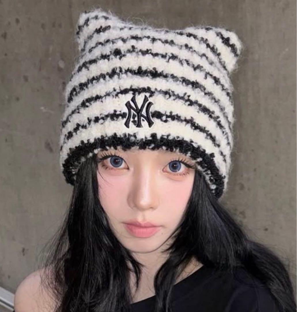 MLB ビーニー ボーダー karina着用 猫耳 ニット帽 韓国 カリナ