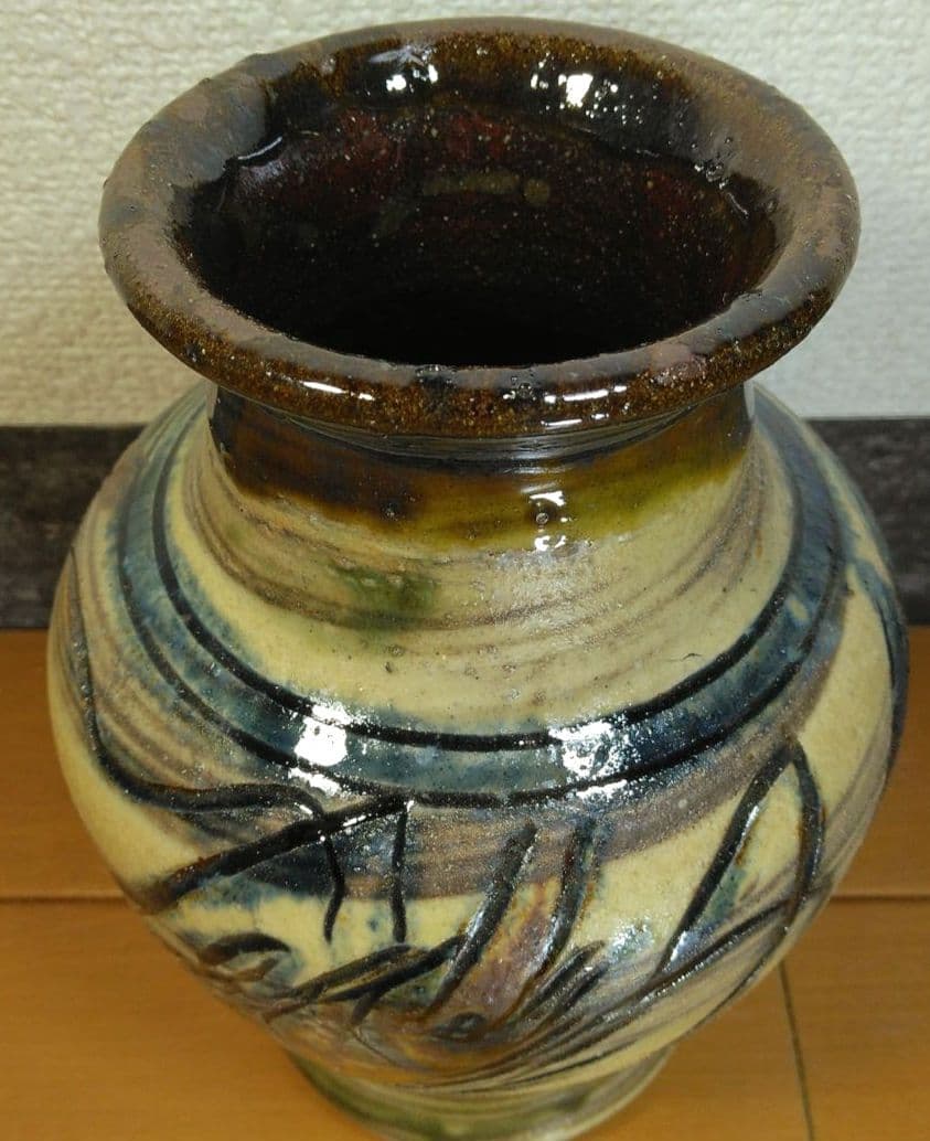 人間国宝 金城次郎 海老魚紋花瓶 栞 共箱 壺屋焼 壷屋焼 美品 晩年作