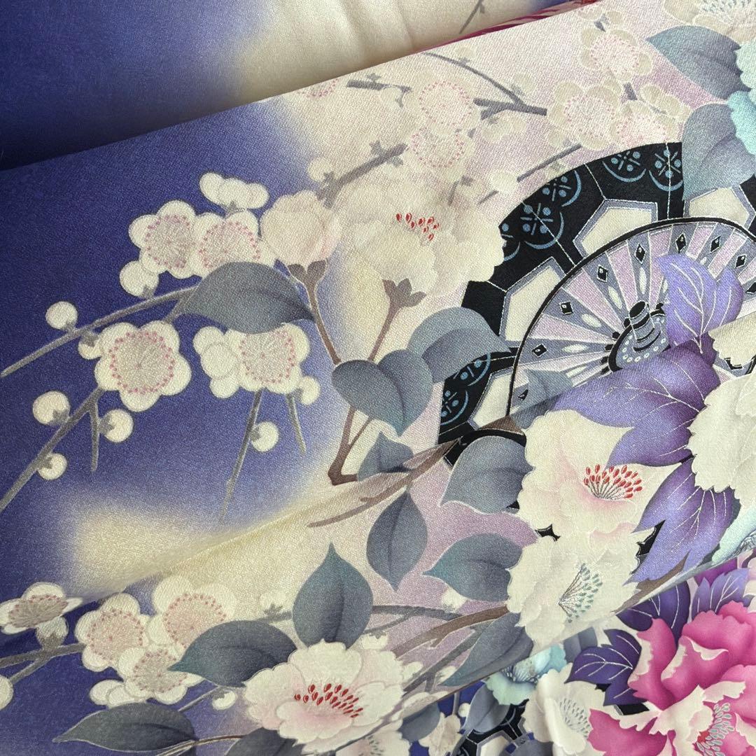 20 振袖フルセット 正絹 ブルー 青紫 赤紫 銀彩 刺繍 暈し染め 華やか