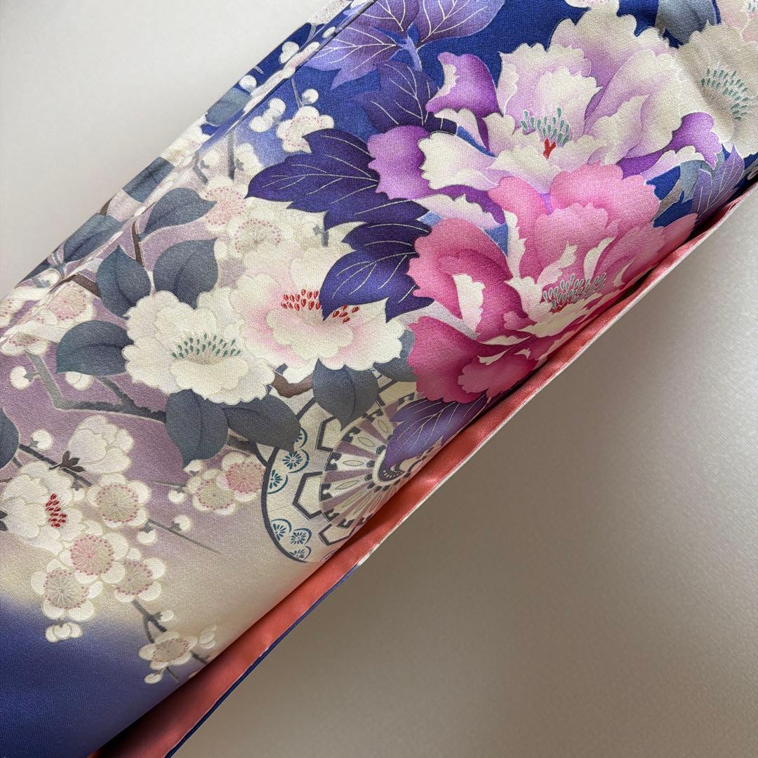 20 振袖フルセット 正絹 ブルー 青紫 赤紫 銀彩 刺繍 暈し染め 華やか