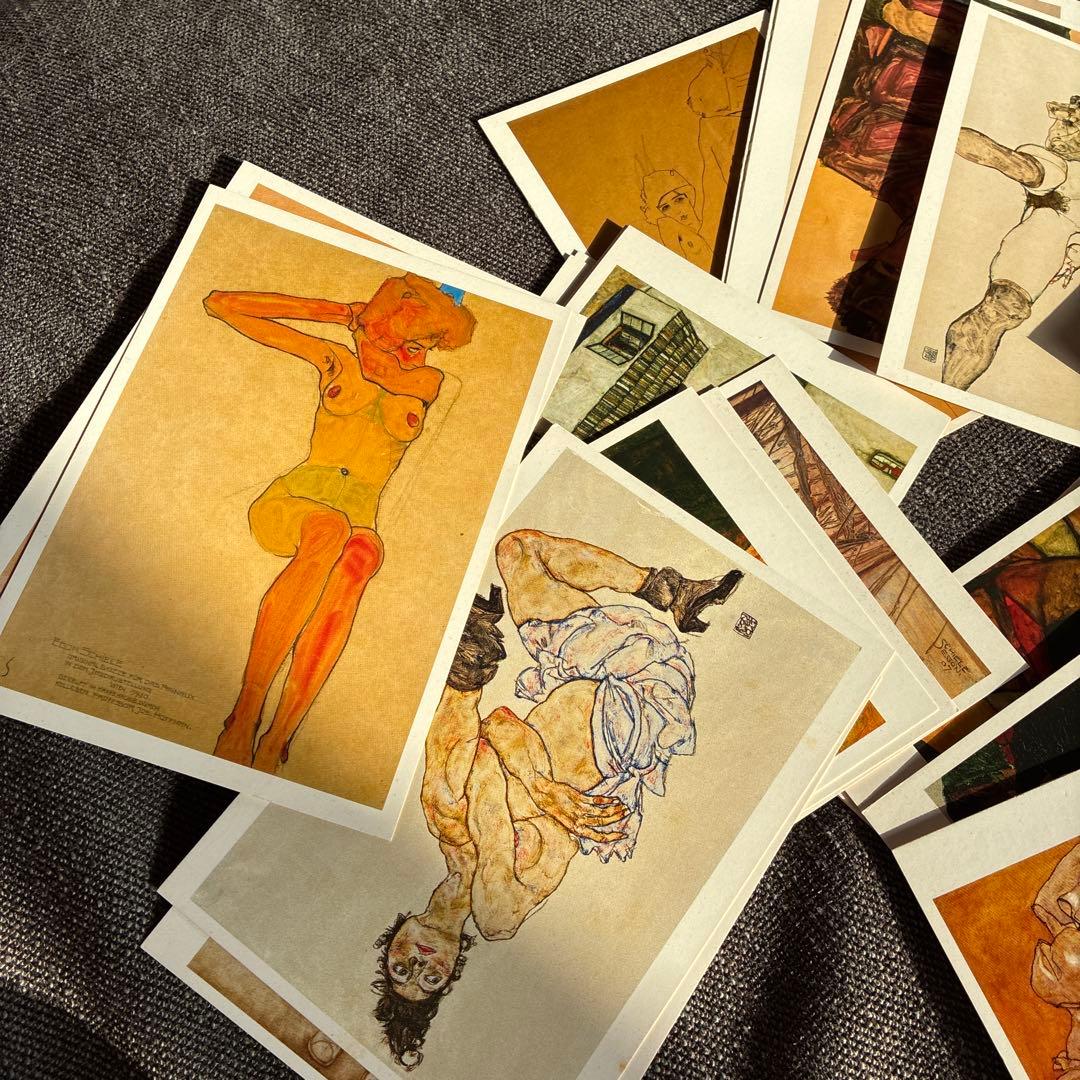 Egon Schiele 線画 木製フレーム付き