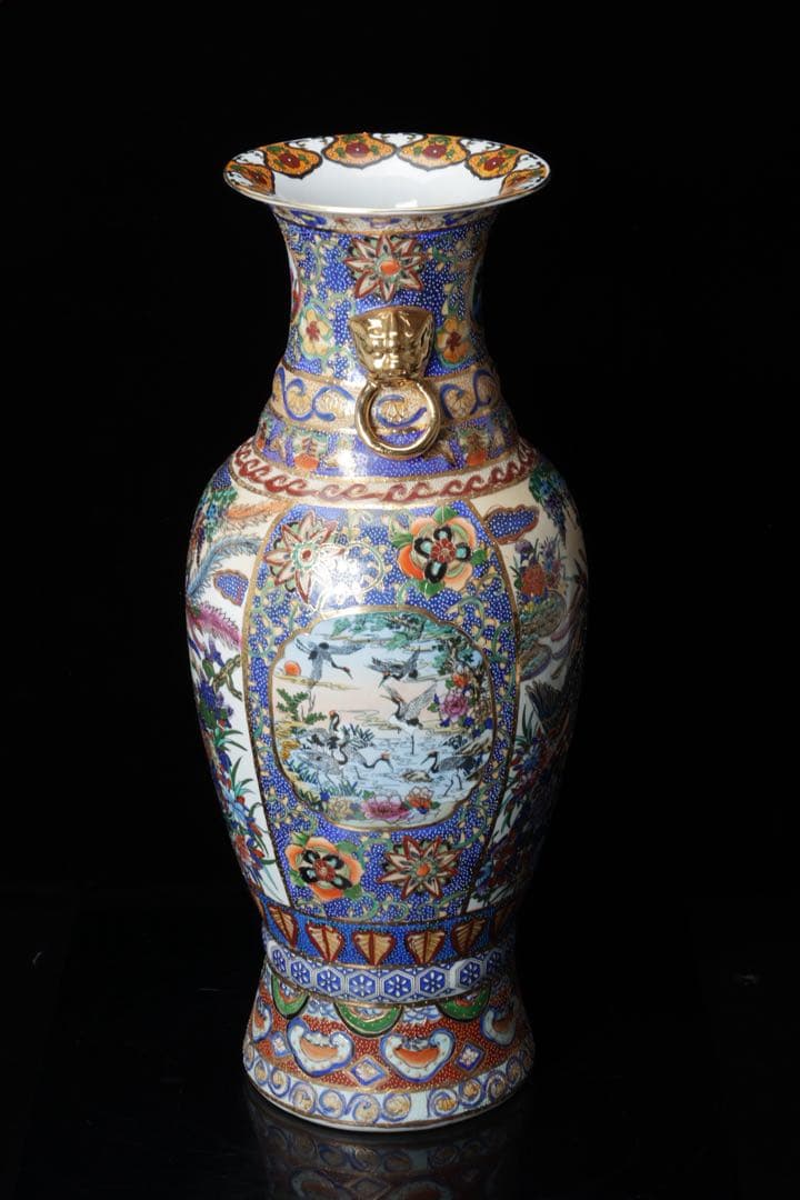 薩摩焼 金薩摩 花鳥紋 大花瓶 鶴 鳳凰 高さ61.5㎝ 壺 耳付き 古美術品