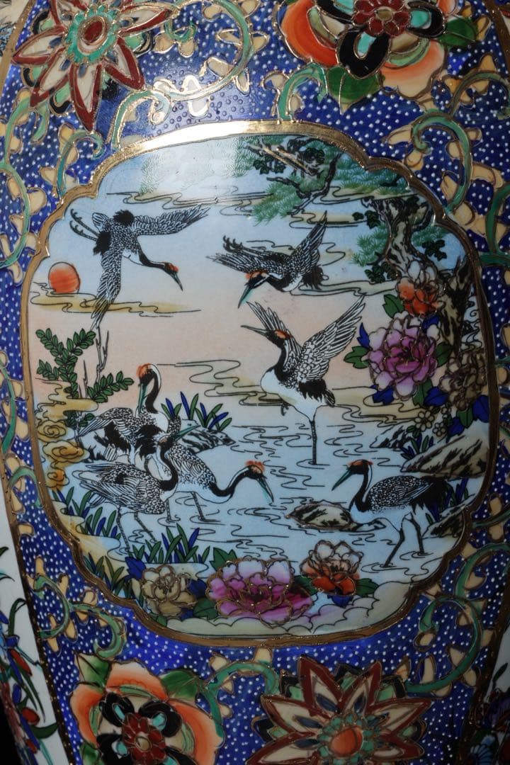 薩摩焼 金薩摩 花鳥紋 大花瓶 鶴 鳳凰 高さ61.5㎝ 壺 耳付き 古美術品