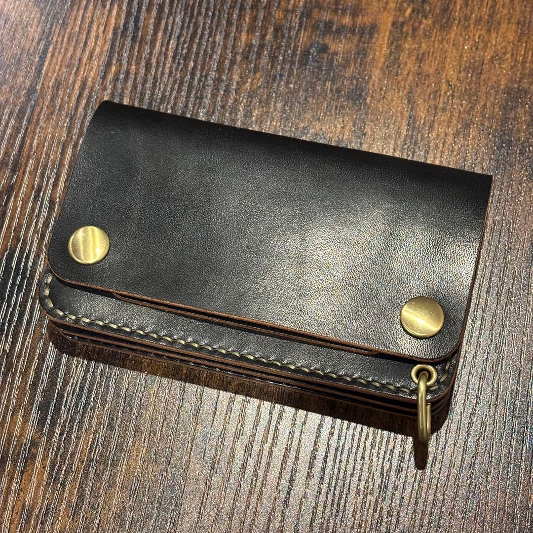 栃木レザー　ミドル　トラッカーウォレット　茶芯ブラック　3層