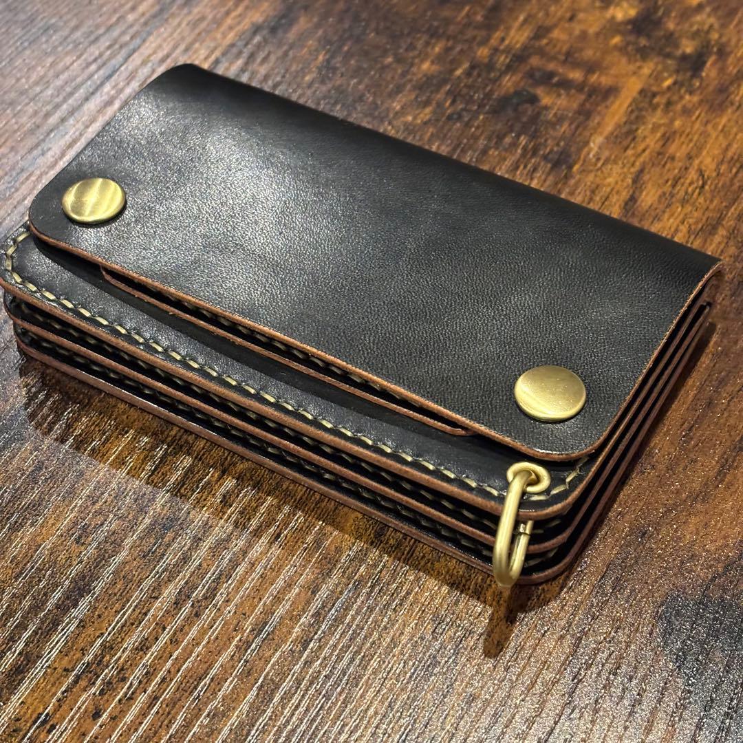 栃木レザー　ミドル　トラッカーウォレット　茶芯ブラック　3層
