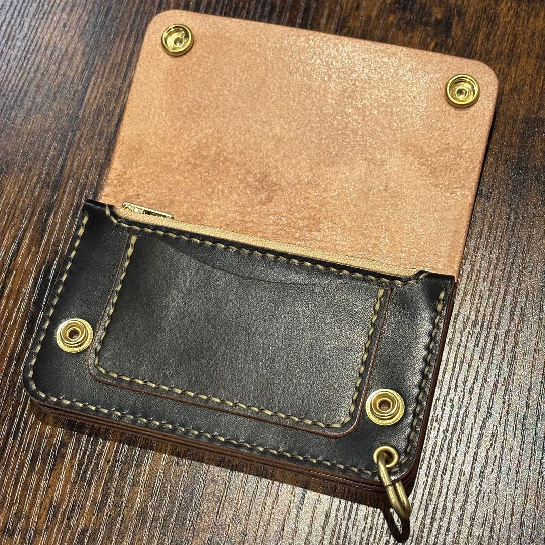 栃木レザー　ミドル　トラッカーウォレット　茶芯ブラック　3層