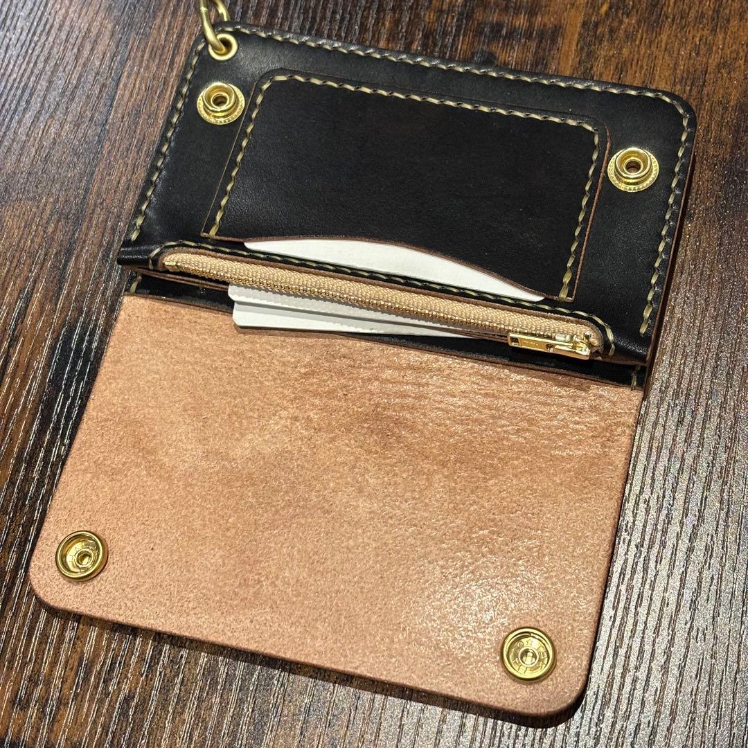 栃木レザー　ミドル　トラッカーウォレット　茶芯ブラック　3層