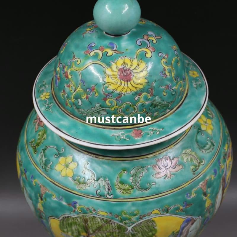 清康熙緑地粉彩人物松鶴将軍缶 景徳鎮 陶磁器 装飾品 現代工芸品 美術品 置物