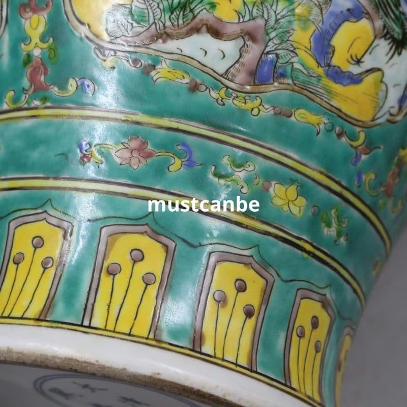 清康熙緑地粉彩人物松鶴将軍缶 景徳鎮 陶磁器 装飾品 現代工芸品 美術品 置物