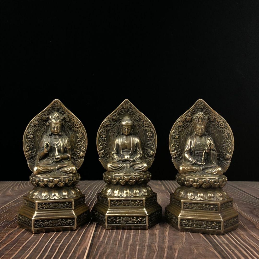 仏教美術 西方三聖坐像 地蔵 菩薩 観音 銅製 仏像 彫刻 置物 開運 風水