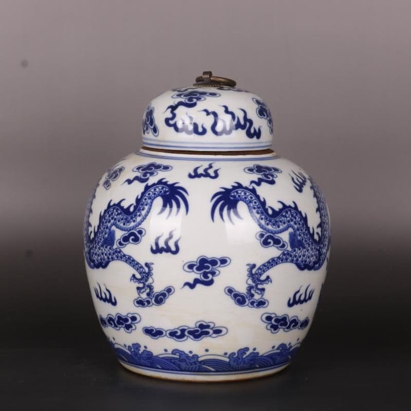 清康熙鯖双龍戯珠紋蓋缶 景徳鎮 陶磁器 装飾品 現代工芸品 美術品 置物