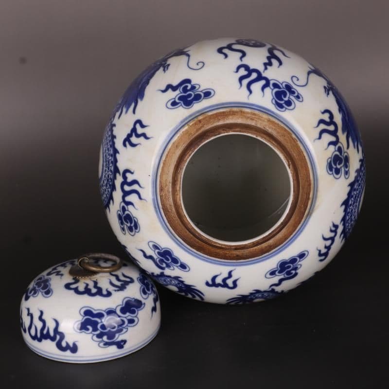 清康熙鯖双龍戯珠紋蓋缶 景徳鎮 陶磁器 装飾品 現代工芸品 美術品 置物