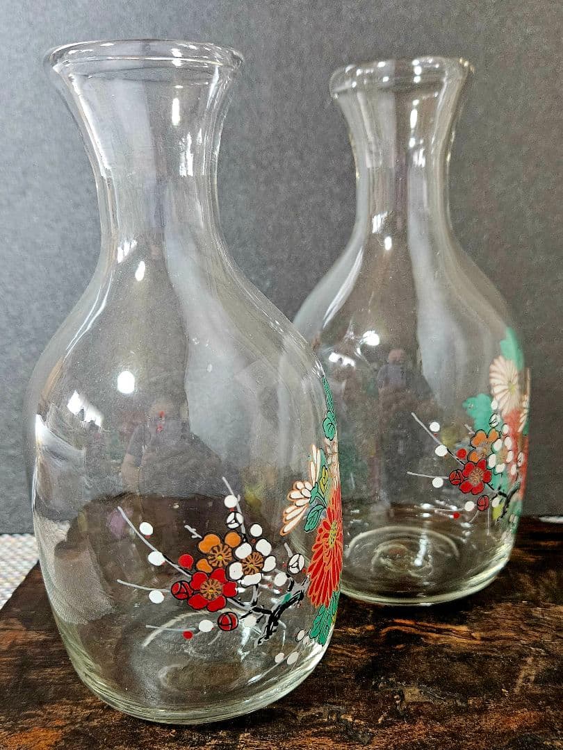 時代物❗昭和戦前頃　古硝子　ガラス絵　 菊花に梅花図　酒徳利一対　酒器