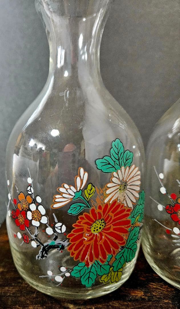 時代物❗昭和戦前頃　古硝子　ガラス絵　 菊花に梅花図　酒徳利一対　酒器
