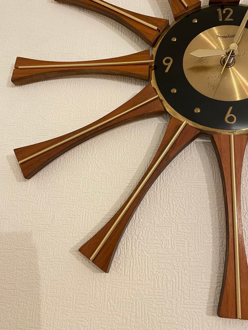 米国 フォレストビル チーク材 真鍮 60s サンバーストクロック 壁掛け時計