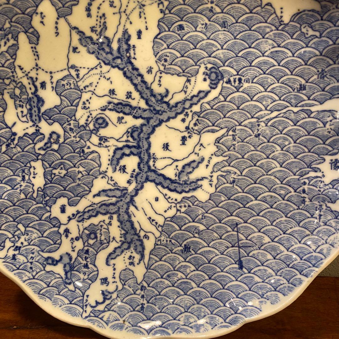 明治 骨董印判皿 22cm 九州地図柄 鉄道路線図 コレクション 稀少