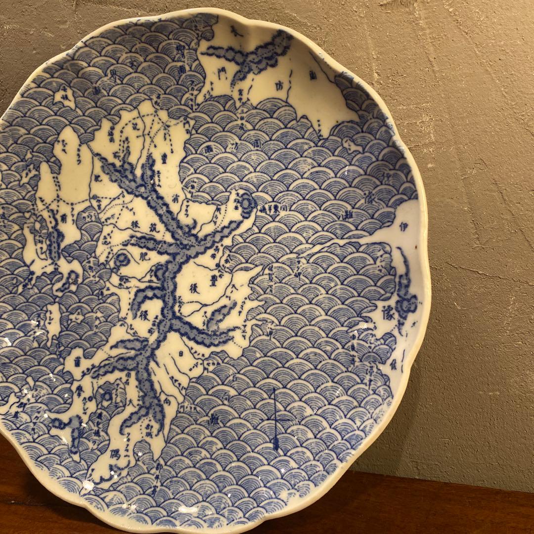 明治 骨董印判皿 22cm 九州地図柄 鉄道路線図 コレクション 稀少