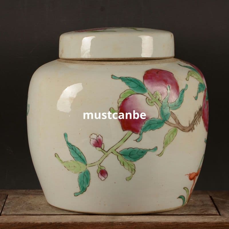 絵パステル九桃蓋缶 茶筒 景徳鎮 陶磁器 装飾品 現代工芸品 美術品 置物