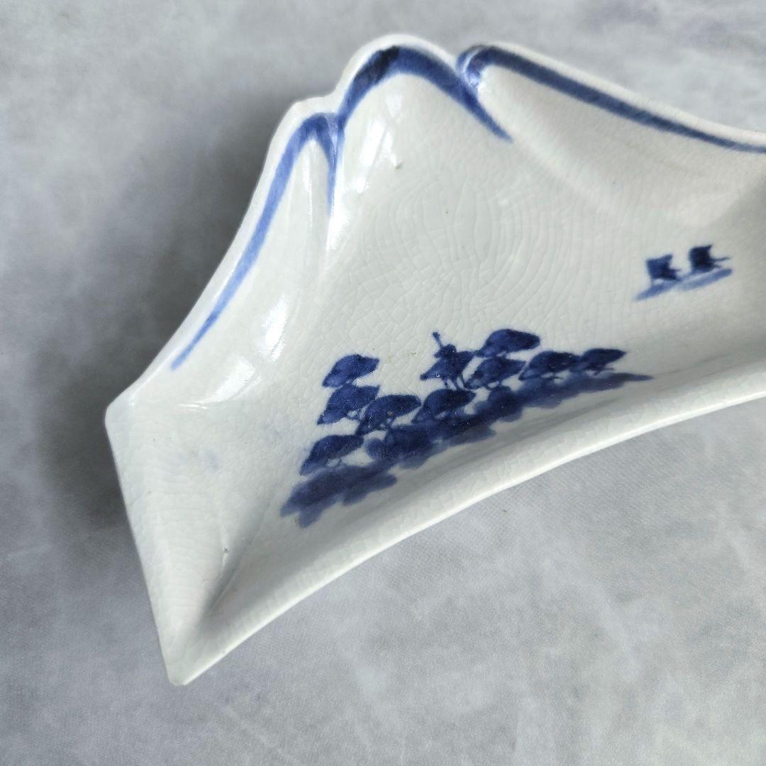 古伊万里　染付　変形小皿　富士山　江戸時代　松原　骨董　金継ぎ　アンティーク
