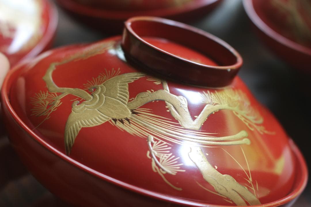 絵柄選択可！時代朱漆に優美な絵替風物蒔絵の映えるお椀7点（検輪島塗蒔絵椀