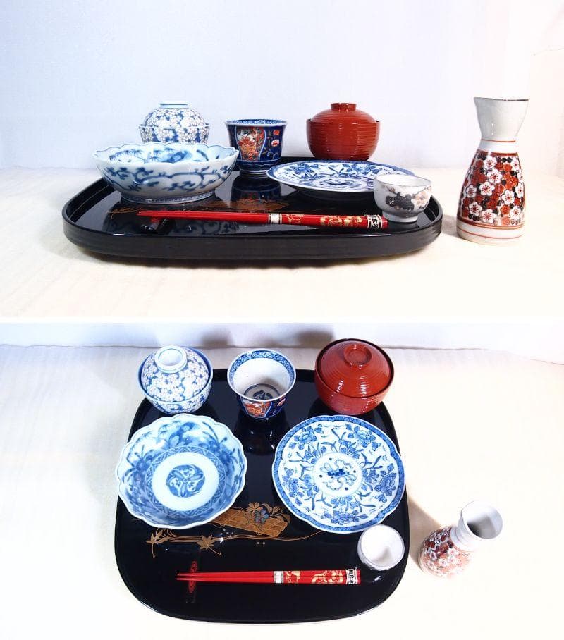 【未使用】輪島塗 曽我路幸 花筏蒔絵 くつわ型卓上膳 5客 懐石膳/会席膳 漆器