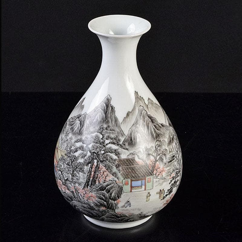 中国　乾隆年製款　粉彩　色絵　山水人物文　玉壷春瓶　V　R9206