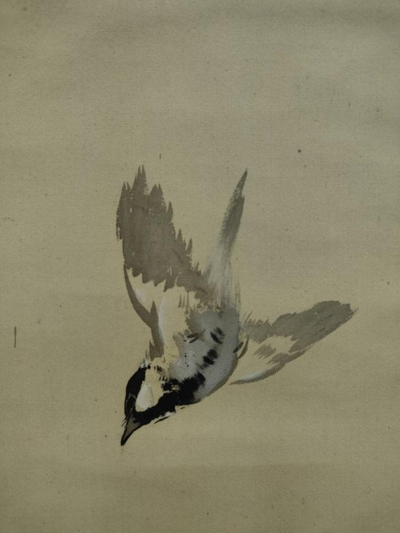 真作/東原方僊/嵐中小禽図/花鳥/山水/布袋屋掛軸A-699