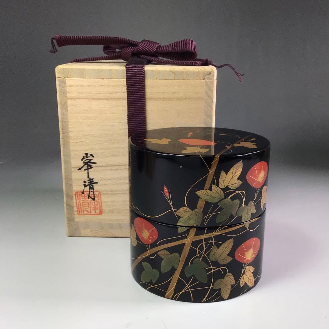 Ｒ５６５　四季棗　『塗師　峯清作』『夜桜　朝顔　稲雀　松喰鶴』　共箱　茶道具