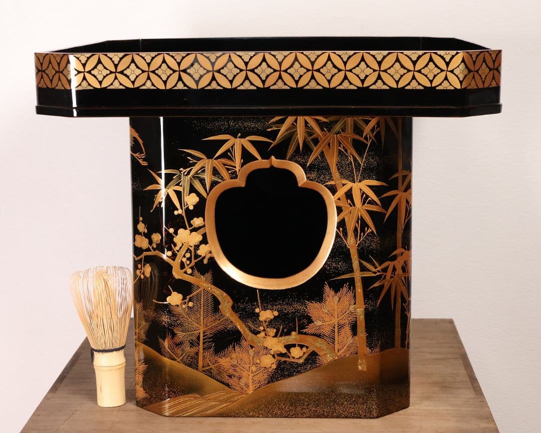 漆芸 松竹梅鶴金蒔絵 花七宝 三宝台 三方台 天然木製漆塗 供物台【MB111】