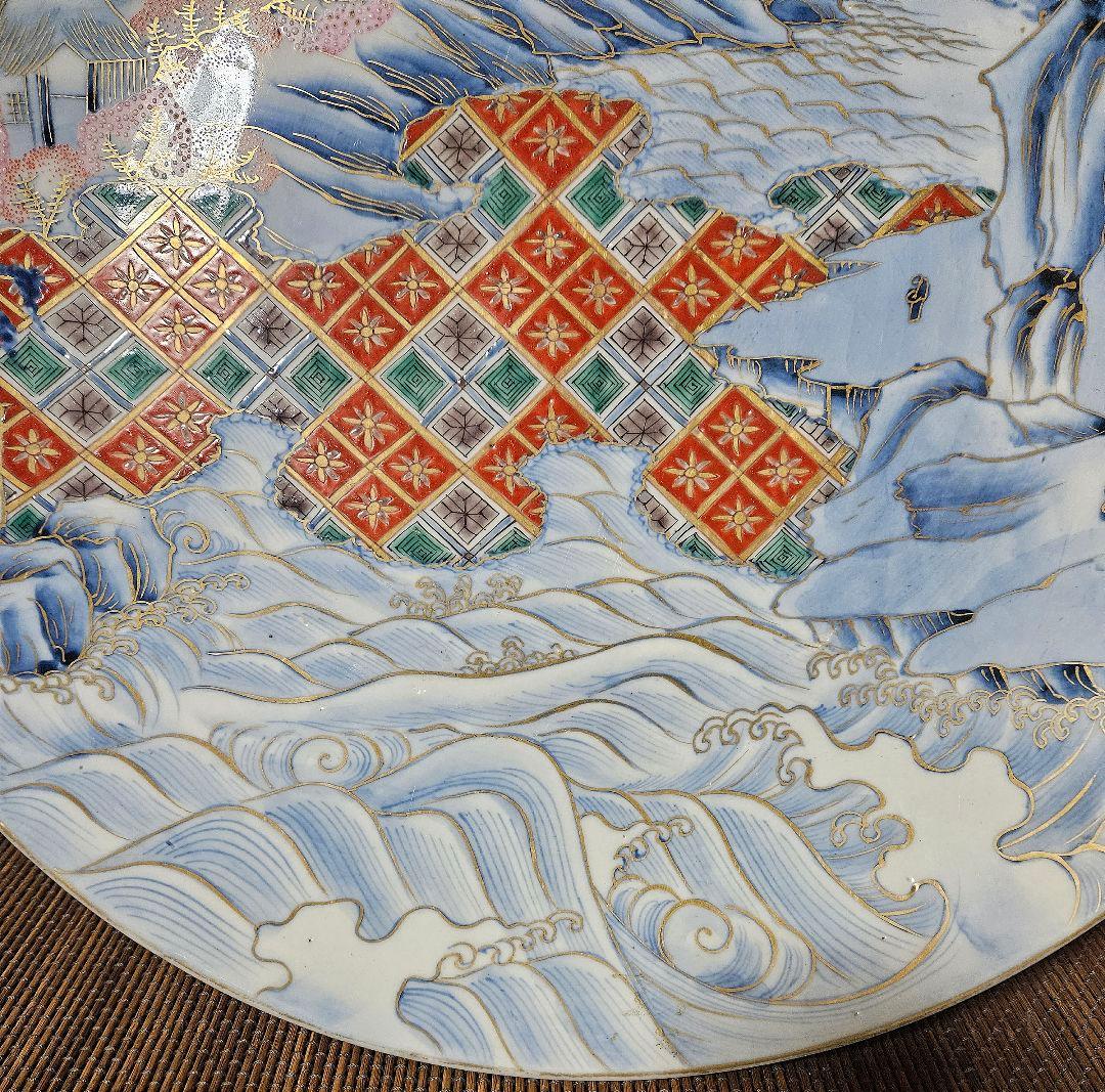 【名品❗】江戸末期～明治初期　古伊万里　金襴染錦　桜に雲錦大波市松文　最上作大皿