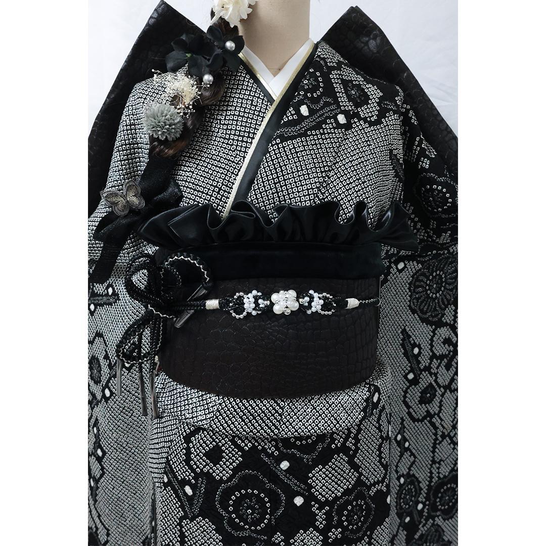 ^_−☆◆ 振袖7点セット ◆フルセット総絞り黒白sS11