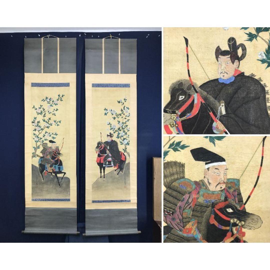 模写/土佐光起/武者絵/双幅/人物図/掛軸☆宝船☆AK-618