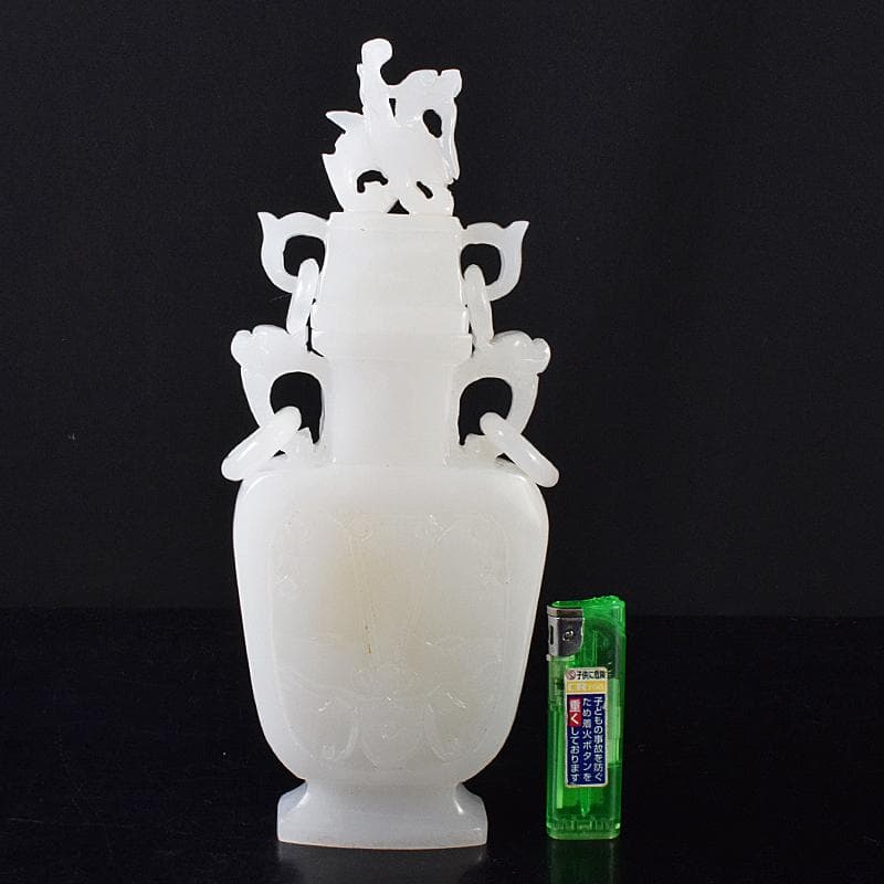 中国　玉石白玉彫刻　隻耳活環　飾壷　V　R7969