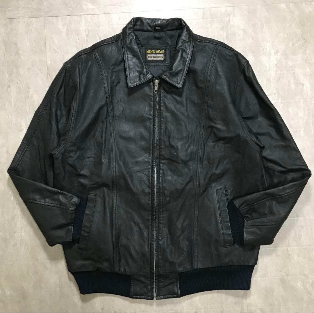 80s レザーボンバージャケット　本革　短丈　ブラック　黒　ノームコア　無地　春