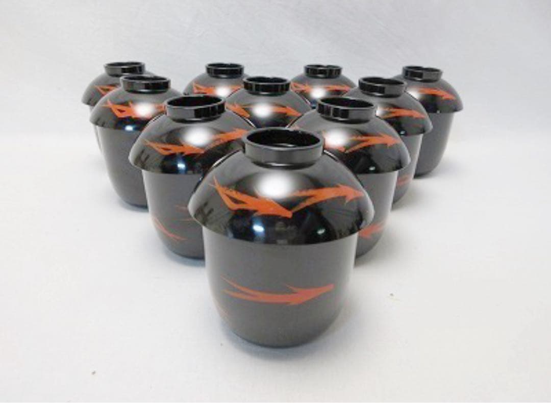 未使用 懐石道具 黒塗 松葉蒔絵 箸洗 十客揃 小吸物椀 和食器 汁椀 蓋付椀