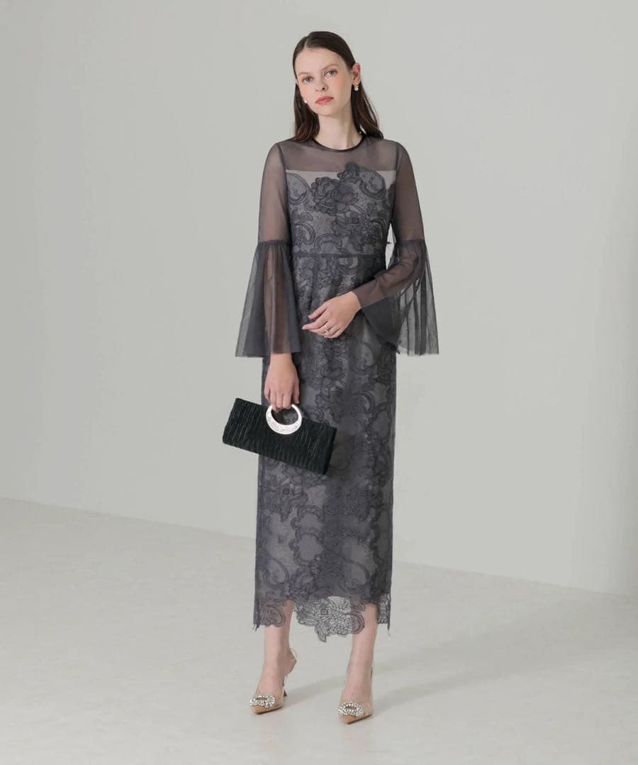 Leja シアープリーツスリーブIラインワンピースドレス グレー レーススリット