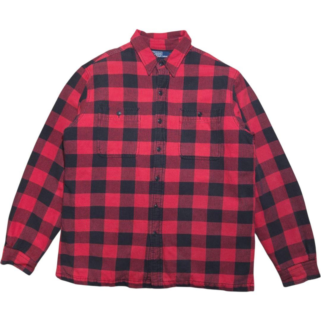 90s ポロラルフローレン 内キルティング ネルシャツ ジャケット 赤黒チェック