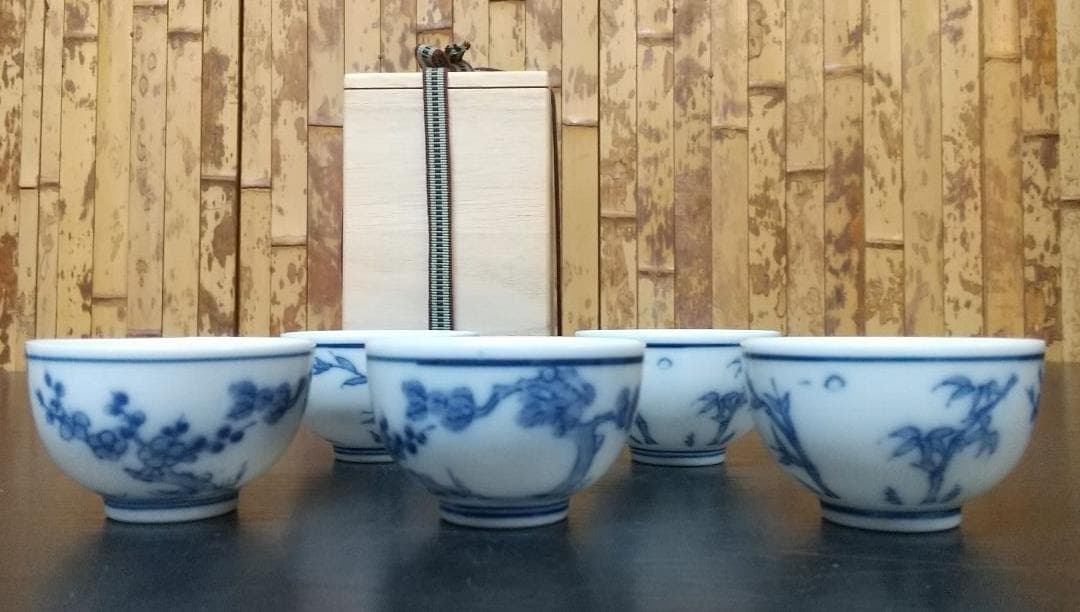染付 煎茶碗 ５客揃 古青華 松竹梅茶碗　賣茶好 煎茶道具