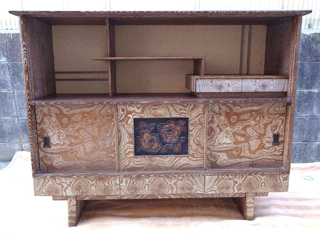 木製 飾り棚 ガラス戸 引出し キャビネット 昭和レトロ アンティーク 茶棚 箱