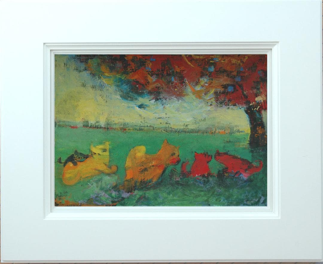 油絵 菅家令子 絵 絵画インテリア 額付(白) uF6-071219 猫たちと犬