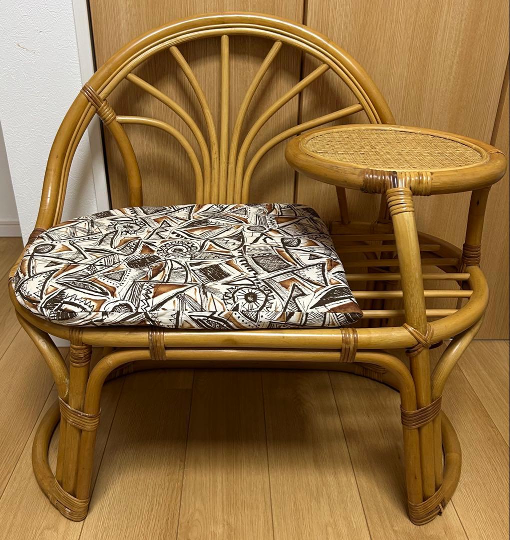 ラタン 椅子　サイドテーブル付き テレフォンベンチ 籐