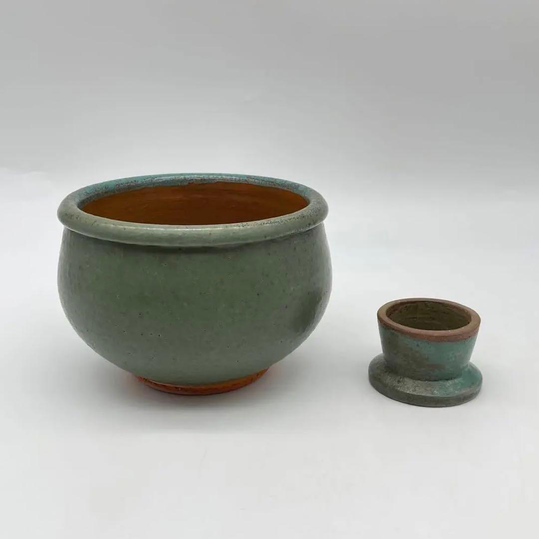 鳥取民藝　牛ノ戸焼　緑釉　建水　こぼしと蓋置のセット　茶道具